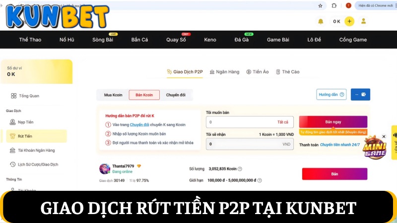 Rút tiền Kunbet P2P